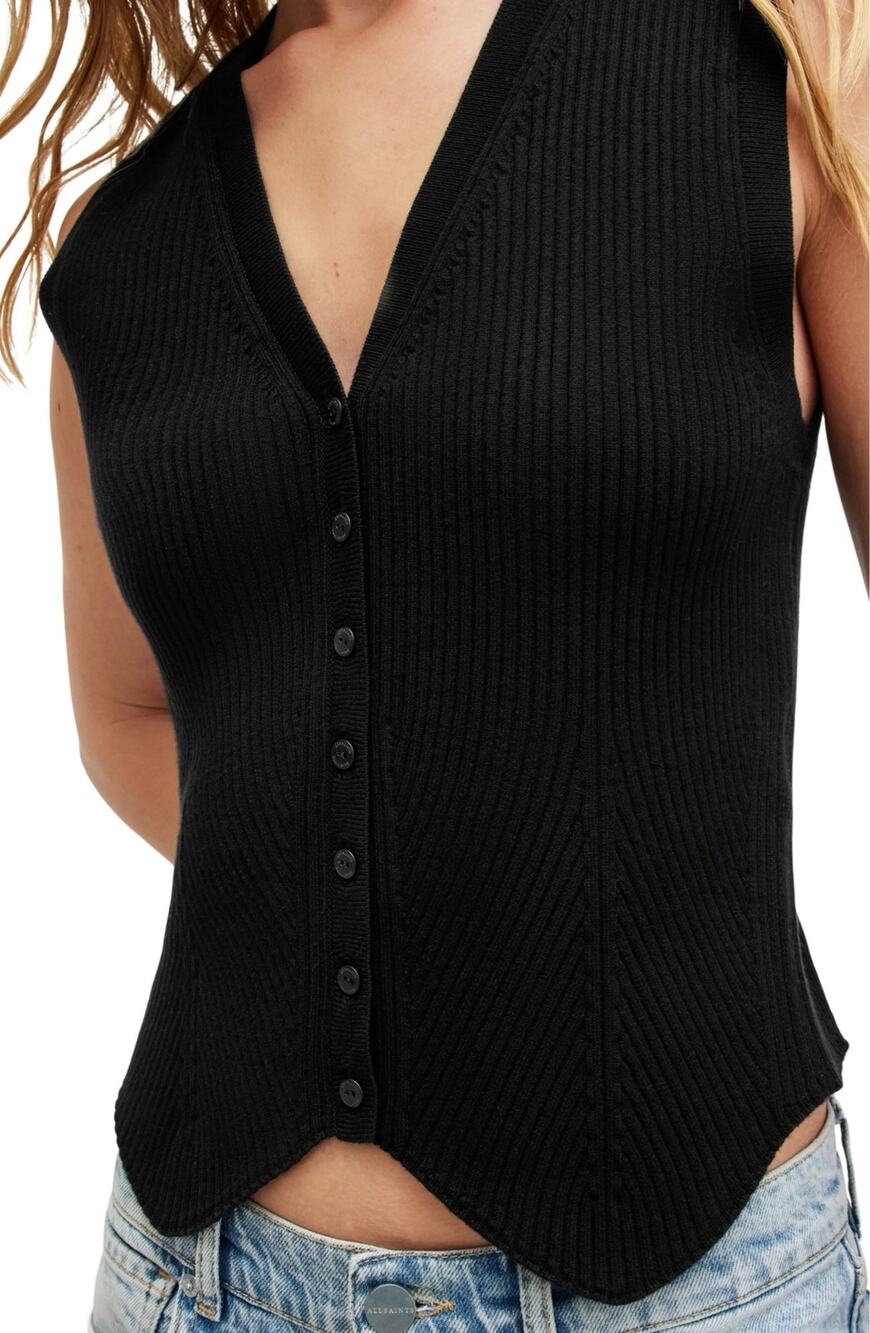 AllSaints Cruz Black Ribbed Knit Button Front V-Neck Sleeveless Vest Size Small